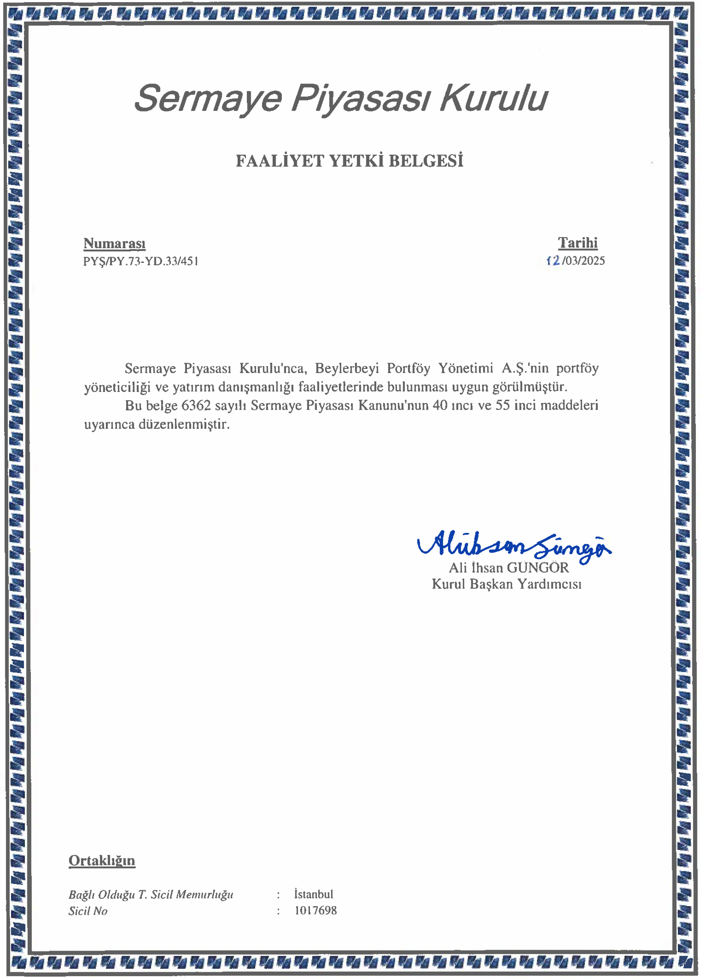 Beylerbeyi Portföy Yetki Belgesi